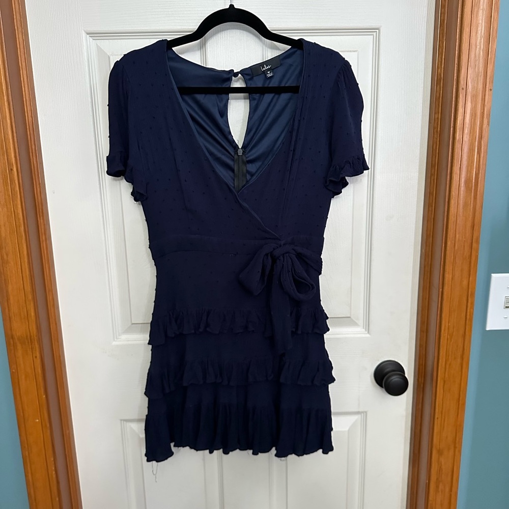 Call Me Cute Navy Blue Swiss Dot Tiered Faux Wrap Mini Dress